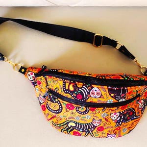 Kawaii Cat Fanny Pack: Handmade Orange Fabric Belt Bag, Festival Waist Pack