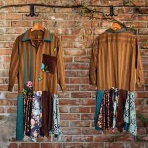 Upcycled Patchwork Shirt Midi Dress, Wearable Art, Relaxed Fit, Mori Kei Boho Dress. image 5
