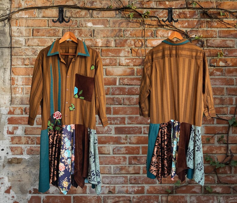 Upcycled Patchwork Shirt Midi Dress, Wearable Art, Relaxed Fit, Mori Kei Boho Dress. image 5