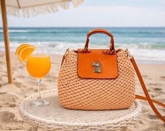 Boutique  Crochet Bag with Leather Flap, Small Crossbody Summer Purse