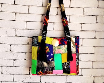 Upcycled Patchwork Tote Bag - Handmade Boho Shoulder Bag, Colorful Fabric Purse.