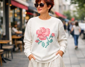 Handmade Rose Applique Sweatshirt, Cross Stitch Style Floral Top