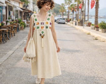 Boho Crochet Maxi Dress, with Granny Square Bodice, Lined Cotton Sile Fabric, Tank Sundress
