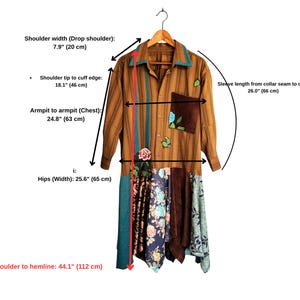 May include: A brown striped button-down shirt dress with a patchwork skirt featuring floral patterns. Measurements: shoulder width 7.9 inches, sleeve 18.1 inches, chest 24.8 inches, hips 25.6 inches, and length 44.1 inches. Includes a brown chest pocket.