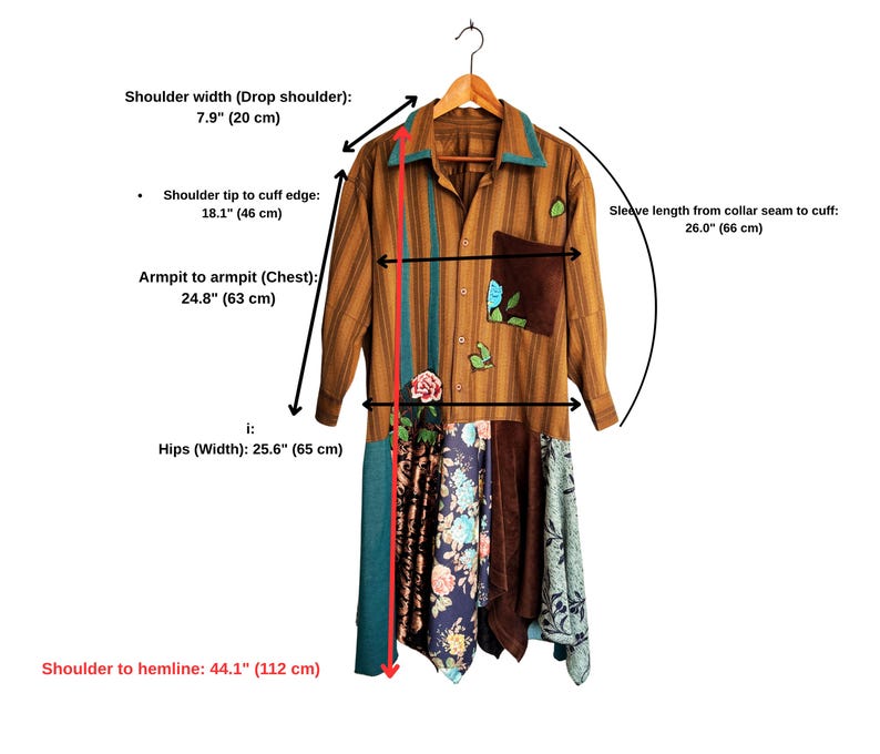 May include: A brown striped button-down shirt dress with a patchwork skirt featuring floral patterns. Measurements: shoulder width 7.9 inches, sleeve 18.1 inches, chest 24.8 inches, hips 25.6 inches, and length 44.1 inches. Includes a brown chest pocket.