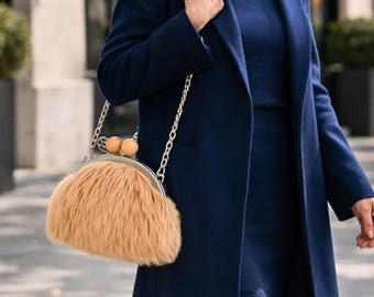 Blush Fur Handbag Silver Chain Kiss Lock Crochet Oval Base Statement Bag.