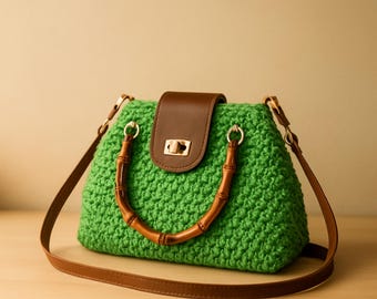 Green Crochet Handbag With Bamboo Handle, Handmade Wowen Shoulder Purse, Top Handle Satchel