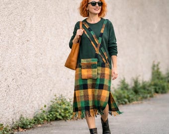 Upcycled Patchwork Dress, Sweatshirt Dress Green, Plaid Midi Artwear, Unique Reworked Clothing.