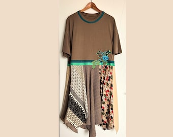 One of a Kind Dress, Wearable Art Clothing, Upcycled Patchwork Midi Dress, Lagenlook