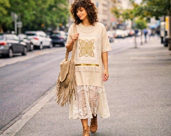 Upcycled Vintage Lace T-Shirt Dress, Boho Crochet Trim Midi, 100% Cotton Relaxed Fit
