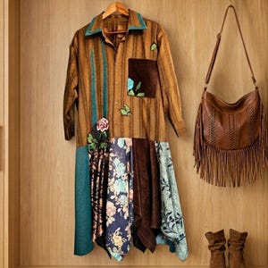 May include: A long-sleeved button-down shirt featuring a brown striped pattern, a dark brown chest pocket, and a patchwork hem with floral and solid teal panels. The shirt is adorned with embroidered rose and leaf motifs. A brown leather fringe bag and brown ankle boots are also visible.