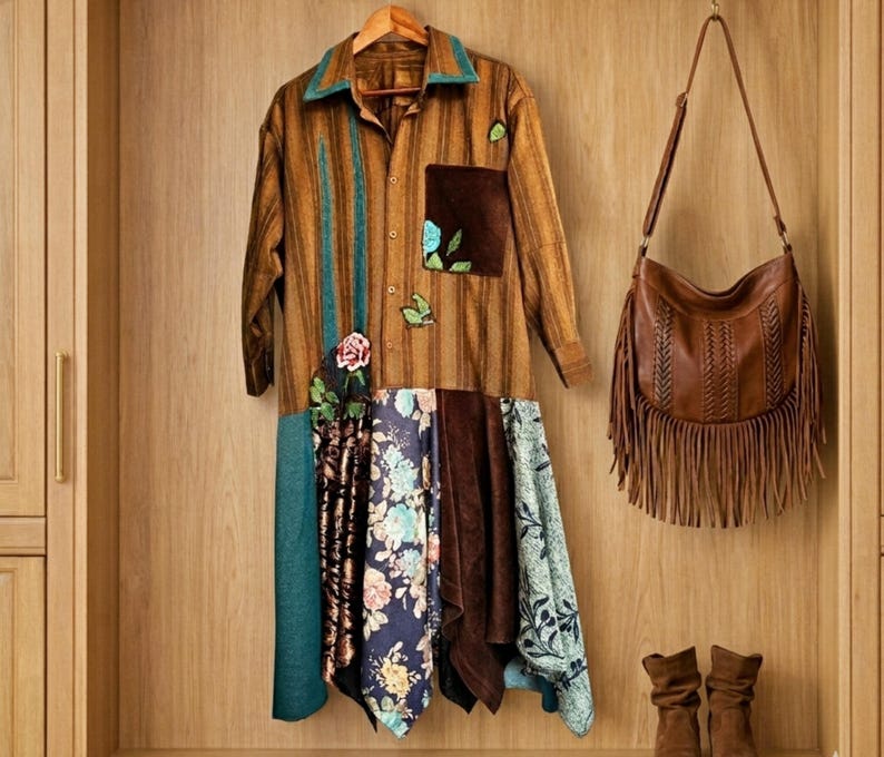 May include: A long-sleeved button-down shirt featuring a brown striped pattern, a dark brown chest pocket, and a patchwork hem with floral and solid teal panels. The shirt is adorned with embroidered rose and leaf motifs. A brown leather fringe bag and brown ankle boots are also visible.