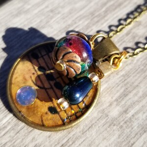 Vintage Sheet Music Pendent with Glass Bead Dangle Brass Chain