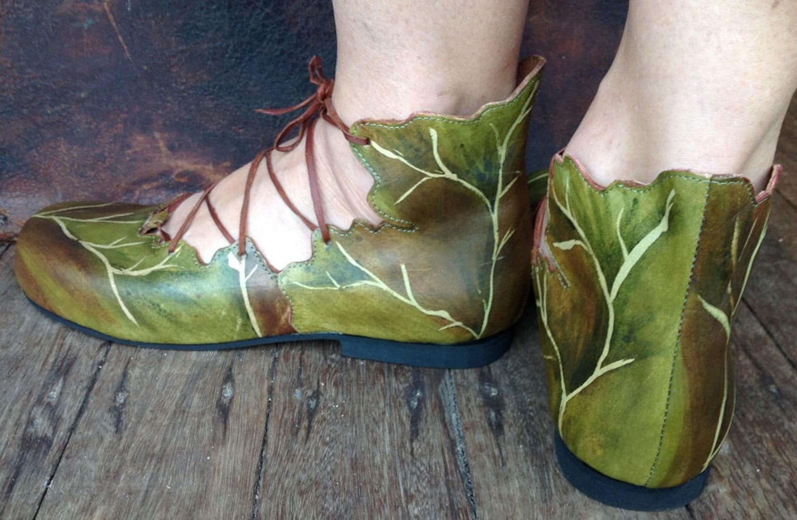 ballet pixie boots, handmade shoes, woodland shoes, elvish wedding, leaf boots,flat shoes, green shoes, ghillies, ankle boots,fa