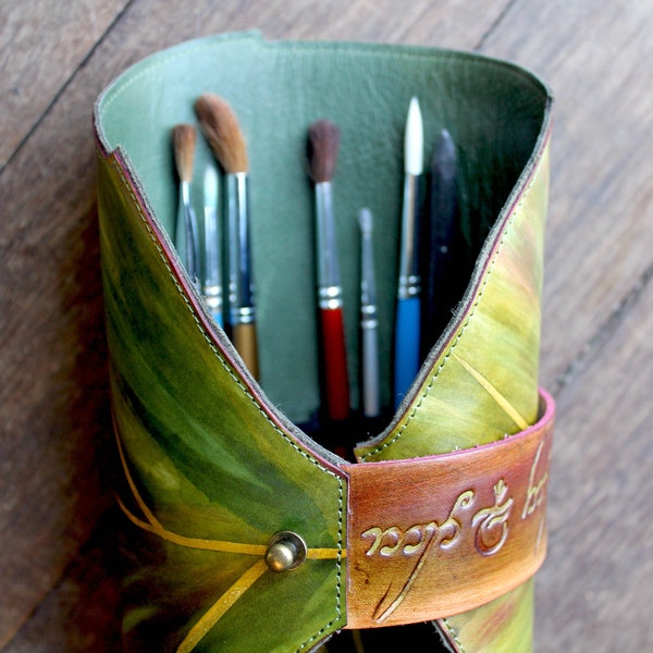 leaf art utensil wraps with Elvish script, leaf pencil holder, pencil case,elven pencil case,crochet hooks,leaf wrap,Elvish,faerie,fairy