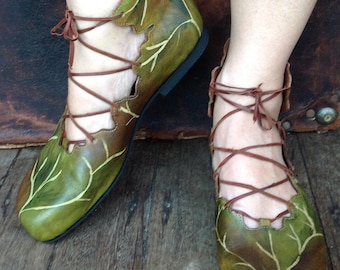 Ballet pixie boots, handmade shoes, woodland shoes, elvish wedding, leaf boots,flat shoes, green shoes, ghillies, ankle boots,fairy wedding
