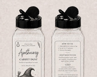 May include: Two clear plastic bottles with black flip-top lids containing white carpet dust. The front label features a witch hat on books and the text 'Apothecary CARPET DUST 32 OZ'. The back label provides usage instructions and scent details.