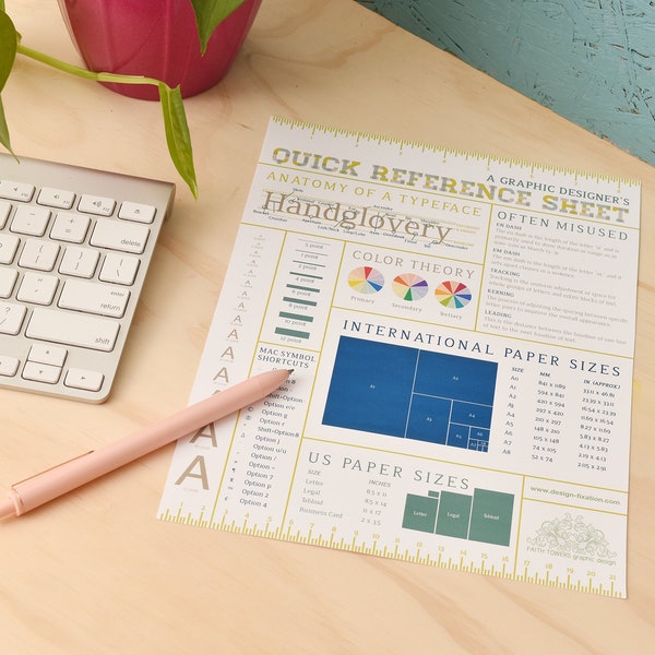 Printable Quick Reference Sheet for Designers | Graphic Designer One Page Resource Guide | Typography, Ruler, Paper Sizes, Color Wheel, etc.