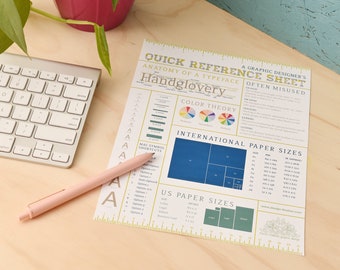 Afdrukbaar snelreferentieblad voor ontwerpers | Grafisch ontwerper Eén pagina Bronnengids | Typografie, liniaal, papierformaten, kleurenwiel, enz.