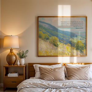 Könnte beinhalten: Ein Schlafzimmer mit einem Holzbett und neutralfarbener Bettwäsche. Über dem Bett hängt ein Landschaftsbild mit Text. Ein Nachttisch mit Lampe und Dekoration ist zu sehen. Der Raum hat eine warme, einladende Atmosphäre.