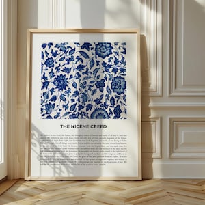 May include: A printable poster with a blue and white floral pattern. The poster features the text "The Nicene Creed" and the full text of the creed.