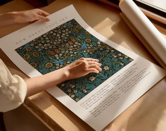 May include: A poster with a floral pattern and the text "How Great Thou Art" printed on it. The poster is on a wooden surface and a hand is touching it.
