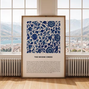 May include: A printable poster with a blue and white floral pattern and the text "The Nicene Creed" in black. The creed is a statement of Christian beliefs.