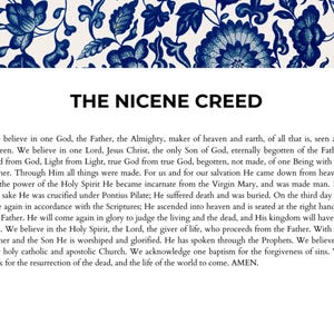 May include: A white page with blue floral border and black text. The text reads "THE NICENE CREED" and includes the full text of the Nicene Creed, a statement of Christian beliefs.
