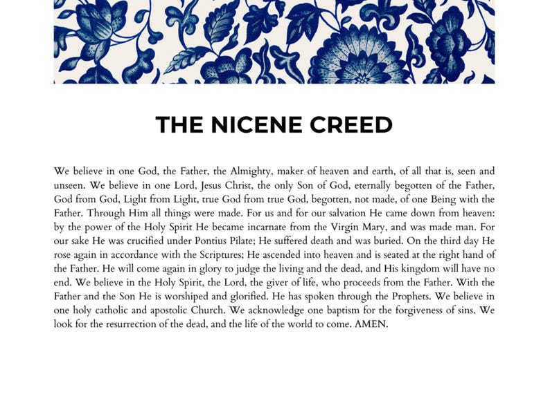 May include: A white page with blue floral border and black text. The text reads "THE NICENE CREED" and includes the full text of the Nicene Creed, a statement of Christian beliefs.