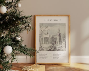 Silent Night Hymn Lyric Print | Christmas Carol Matte Poster | Religious Christmas Wall Art | Vintage Music