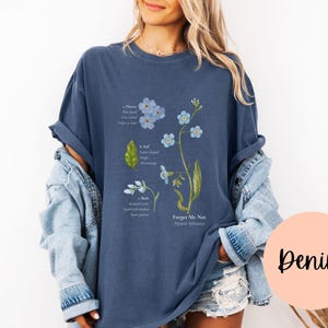 Koszulka z kwiatowym nadrukiem Forget-Me-Not, szkic botaniczny w stylu vintage, powrót do szkoły, komfortowe kolory, prezent dla nauczyciela nauk ścisłych