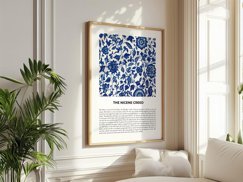 May include: A framed print with a blue and white floral pattern and the text "THE NICENE CREED" below the image. The creed is a statement of Christian beliefs.