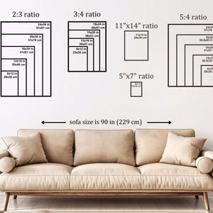 May include: A diagram showing different size ratios for artwork, with measurements in inches and centimeters, displayed above a beige sofa. The sofa is 90 inches (229 centimeters) wide.