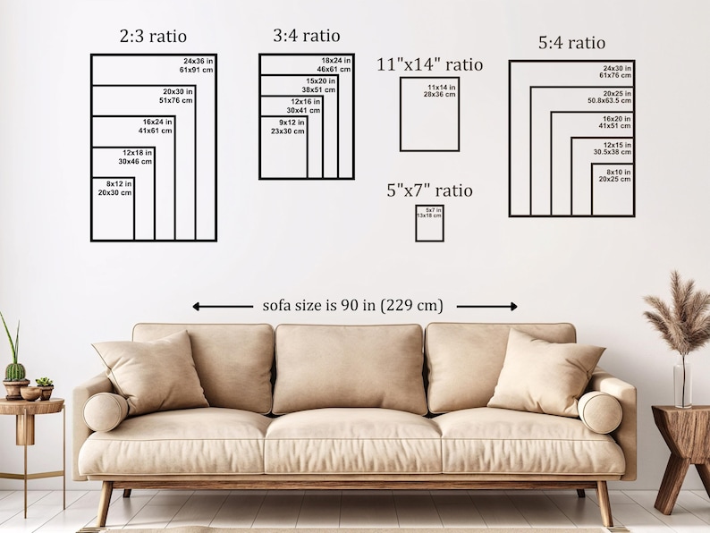 May include: A diagram showing different size ratios for artwork, with measurements in inches and centimeters, displayed above a beige sofa. The sofa is 90 inches (229 centimeters) wide.