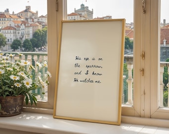 His Eye on the Sparrow Hymn Print | Vintage Cursive Christian Wall Art