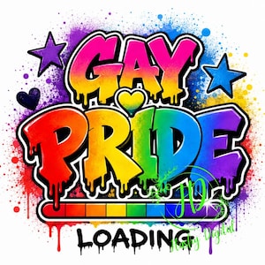 Puede incluir: Un diseño gráfico con el texto GAY PRIDE en una fuente de grafiti colorida y goteante, con una barra de carga de arcoíris debajo y la palabra LOADING. El fondo incluye salpicaduras de pintura de colores, estrellas y un corazón.