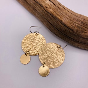 Large Double Disc Brass Earrings, Textured Metal Earrings, Boho Chic Earrings, Statement Earrings