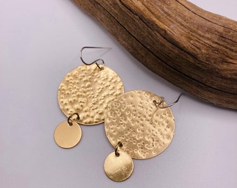 Large Double Disc Brass Earrings, Textured Metal Earrings, Boho Chic Earrings, Statement Earrings