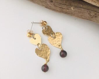 Heart Shape Brass Earrings, Genuine Garnet Earrings, Valentines Day Gift, Love Gift , Friendship Gift