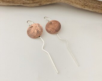 Etched Copper and Silver Earrings, Long Squiggly Earrings, Crooked Silver Earrings, Organically Shape Earrings