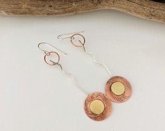 Etched Copper Brass and Sterling Silver Earrings, Trimetal Earrings, Cool Organically Shaped Earrings, Long Earrings