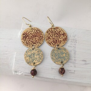 Double Disc Brass Earrings, Textured Brass Earrings, Patina Brass Earrings, Long Earrings , Jasper Earrings