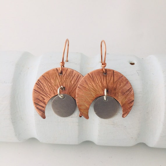 Copper Crescent Moon Earrings, Bimetal Earrings, Textured Copper Earrings, Copper and Aluminum Earrings, Boho Style Earrings