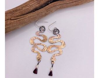 Brass Serpent Earrings, Textured Brass Earrings, Serpent Lover Jewelry, Garnet