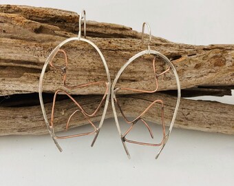 Organic Silver and Copper Earrings, Wild Earrings, Fun Unique Silver Earrings