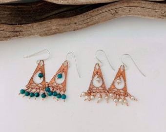 Vintage Copper Chandelier Earrings, Choice Freshwater Pearls or Turquoise Beads , Boho Aesthetics Earrings, Rustic Jewelry