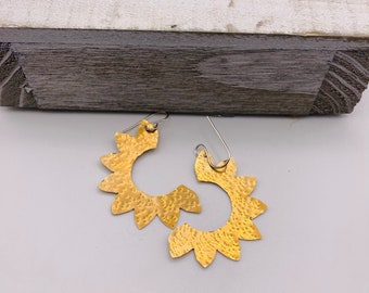 Textured Brass Earrings, Flower Metal Earrings, Geometric Earrings, Statement Earrings