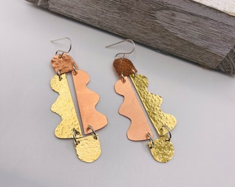 Bimetal Textured Earrings, Funky Earrings, Unique Shape Earrings, Copper Brass Earrings, Ethnic Earrings, Boho Chic Earrings