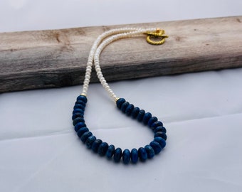 Blue Lapis and Freshwater Pearl Necklace, Gemstone Necklace