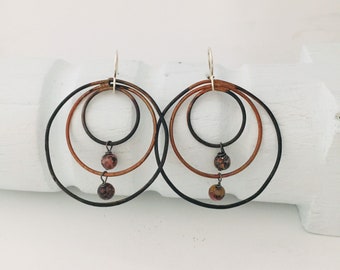 Triple Hoop Earrings, Copper Hoop Earrings, Jasper Earrings, Boho Chic Earrings, Rustic Earrings